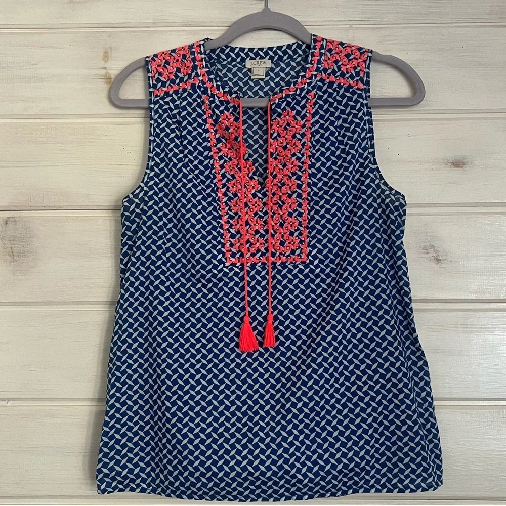 J. Crew Navy Geometric Sleeveless Top with Coral Embroidery